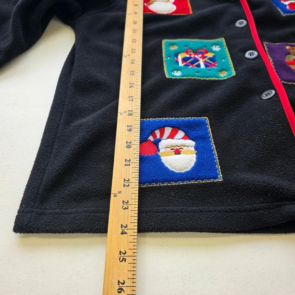 Classic Elements Vintage Christmas Fleece Cardigan Black Holiday Patch Jacket M